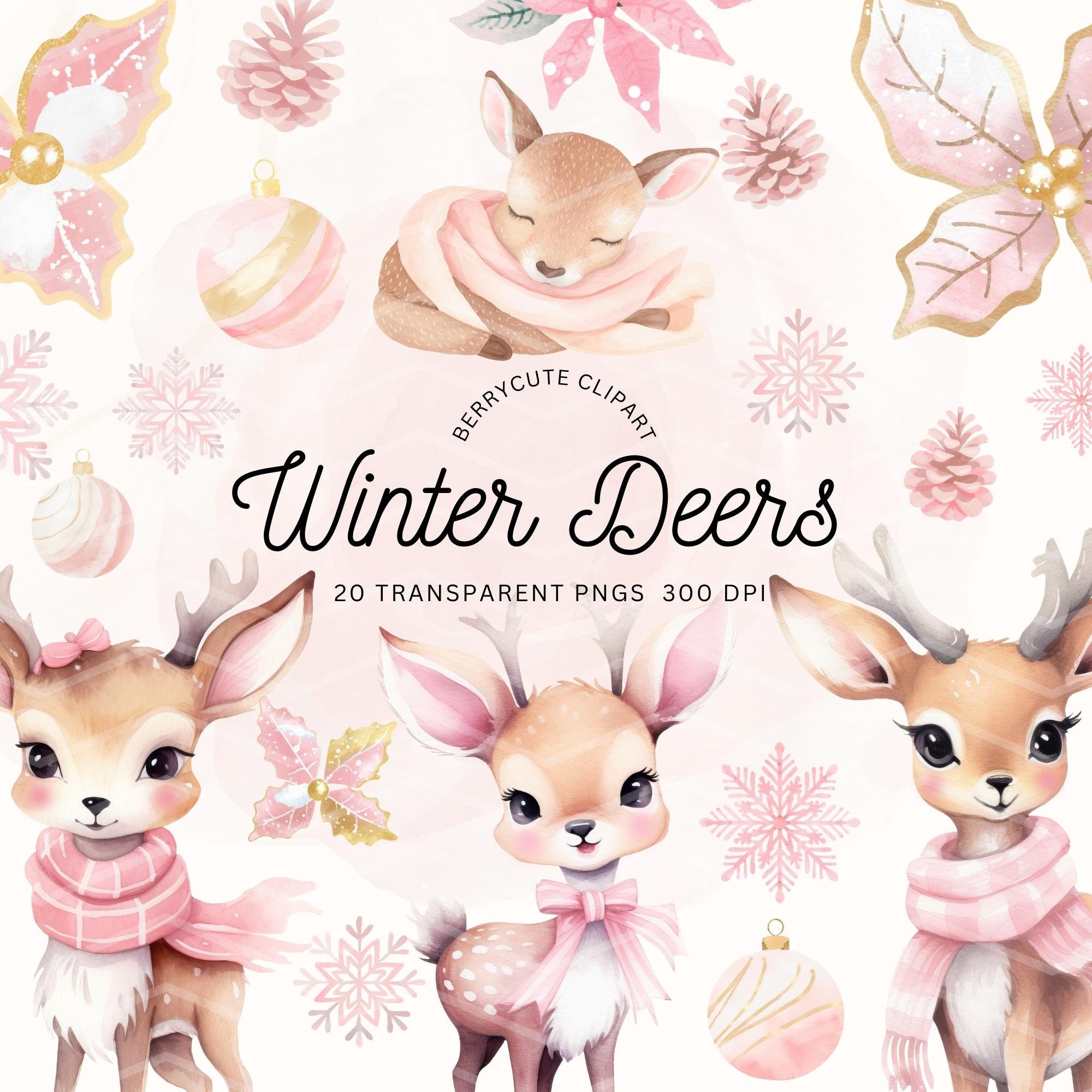 Winter Deer Clipart Pack, Deer Clipart, Pink Deer PNG, Winter Wonderland Clipart, Watercolor Winter Png, Christmas Clipart, Winter Woodland