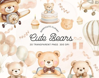 May include: A set of 20 watercolor illustrations featuring cute bears in various scenes. The illustrations include bears in a plane, a car, a hot air balloon, a basket, and on a cake. The illustrations are perfect for creating invitations, cards, and other craft projects.