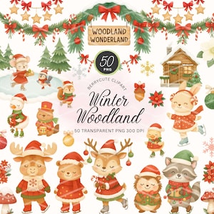 Christmas Woodland Clipart Set: Winter Animals, Moose, Reindeer, Cottagecore Forest Creatures Digital Download