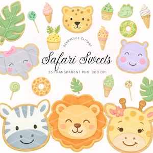Safari Party Clipart, Animal Cookie Clipart, Safari Animals Clipart, Birthday Party Clipart, Watercolor Jungle Animals, Baby Shower Clipart