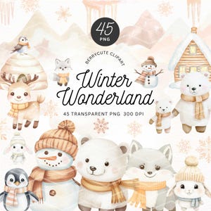 Pacchetto Clipart del Paese delle Meraviglie Invernali, Clipart di Natale Neutro, Clipart di Natale Boho, Clipart di Inverno Accogliente, Clipart di Animali Artici