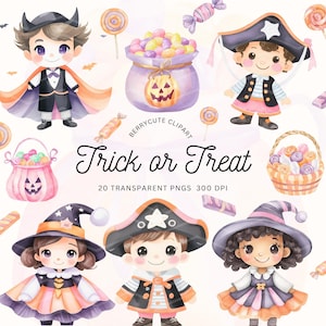 Watercolor Cute Halloween Clipart Pack, Trick or Treat Clipart, Halloween Candy Clipart, Cute Witch Clipart,  Kids Halloween PNG