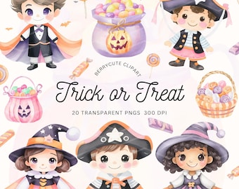 Watercolor Cute Halloween Clipart Pack, Trick or Treat Clipart, Halloween Candy Clipart, Cute Witch Clipart,  Kids Halloween PNG