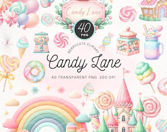 May include: A set of 40 watercolor illustrations featuring a whimsical candy land theme. The set includes a rainbow, a castle, lollipops, candy, and other sweet treats. The illustrations are perfect for creating invitations, party decorations, or scrapbooking projects.