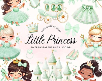 May include: A set of 20 digital illustrations featuring a princess theme. The illustrations include a princess in a green dress, a carriage, a castle, a crown, a wand, and other princess-themed elements. The illustrations are in a watercolour style and are perfect for creating invitations, cards, and other crafts.