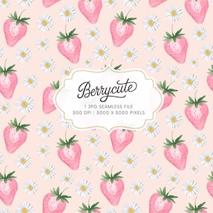 Strawberry Daisy Seamless Pattern, Pink Strawberry Pattern, Strawberry Digital Paper, Daisy Pattern, Summer Seamless, Commercial Use