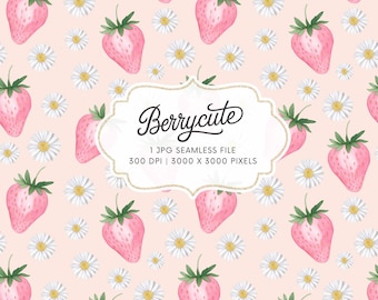 Strawberry Daisy Seamless Pattern, Pink Strawberry Pattern, Strawberry Digital Paper, Daisy Pattern, Summer Seamless, Commercial Use
