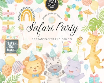 Safari Party Clipart Bundle, Watercolor Safari Animals, Jungle Birthday Clipart, Baby Shower Clipart, Wild One Animals, Cute Safari Animals