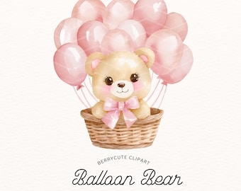 Bear in Basket With Balloons Clipart, Pink Teddy PNG, Hot Air Balloon Teddy Bear, Cute Boho Bears, We Can Bearly Wait, Baby Shower Clipart