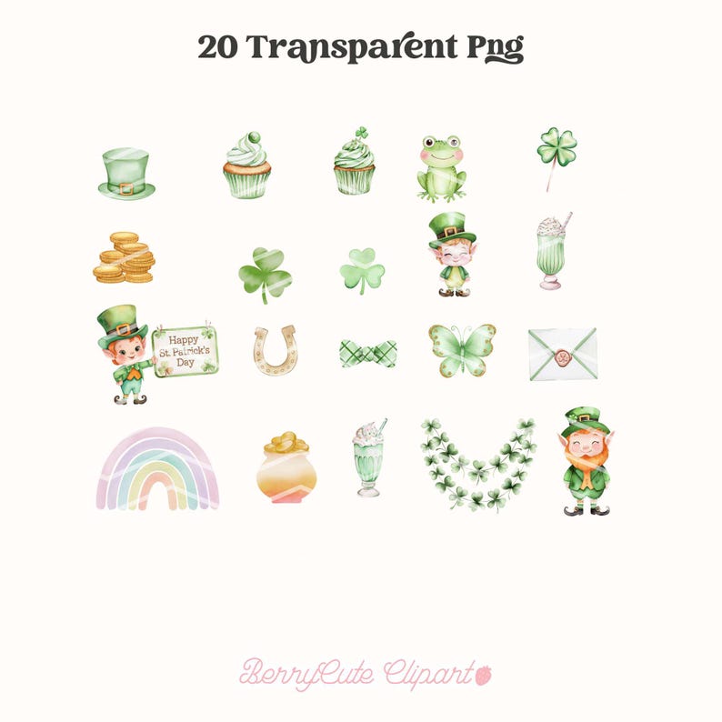St. Patrick's Day Clipart Pack, Cute Irish PNG, Adorable Shamrock Illustrations, St Paddy Png, Spring Clipart, Cute Leprechaun Clipart