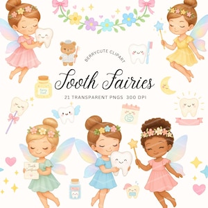 Tooth Fairy Clipart Bundle, Fairy Clipart for Kids, Kawaii Dentist Clipart, Watercolor Fairy, Dentist Printable, Commercial Use