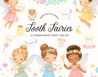 Tooth Fairy Clipart Bundle, Fairy Clipart for Kids, Kawaii Dentist Clipart, Watercolor Fairy, Dentist Printable, Commercial Use