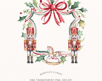 Red Nutcracker Christmas Crest Clipart: Luxury Holiday Monogram Frame PNG, Watercolor Crest PNG, Preppy Holiday Clipart, Digital Download