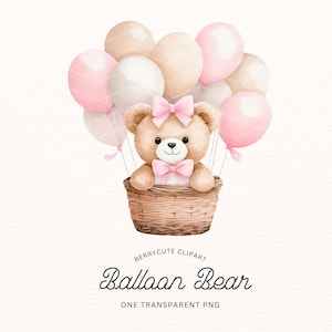 Björn i korg med ballonger Clipart, Neutral Rosa Nallebjörn PNG, Luftballongsnallebjörn, Söta Boho Björnar, Vi Kan Vänta, Björn Clipart