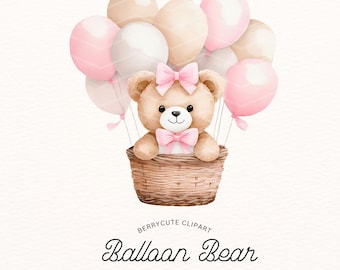 Bear in Basket With Balloons Clipart, Neutral Pink Teddy PNG, Hot Air Balloon Teddy Bear, Cute Boho Bears, We Can Bearly Wait, Bear Clipart