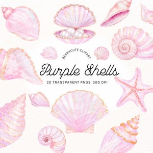 Paarse aquarel zeeschelp clipartpakket, iriserende zeemeermin schelpen png, schelpen en parels png, glitter schelp png, onder de zee clipart