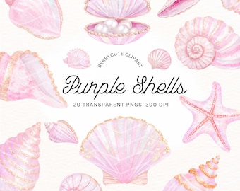 Pacote de imagens de conchas marinhas em aquarela roxa, conchas de sereia iridescentes em PNG, conchas e pérolas em PNG, conchas marinhas com glitter em PNG, imagens do fundo do mar