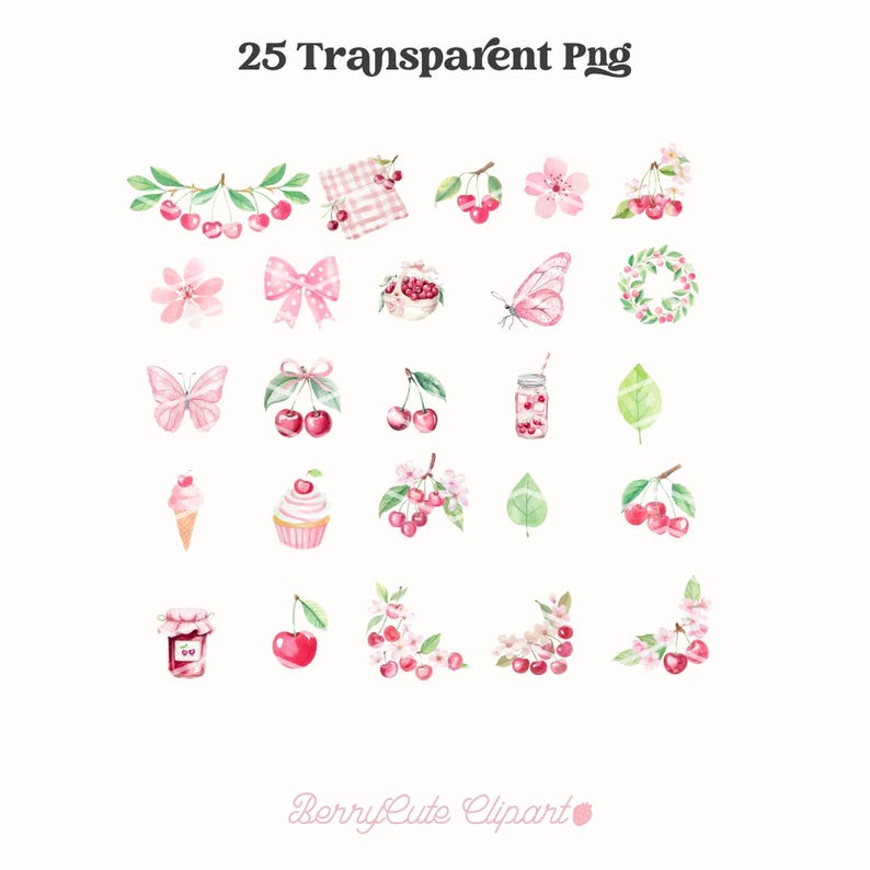 Cherry Clipart Pack, Berry First Png, Invitation Graphics, Watercolor Cherry, Cherry Fruit Png, Cherry Coquette Png, Summer Fruit Clipart