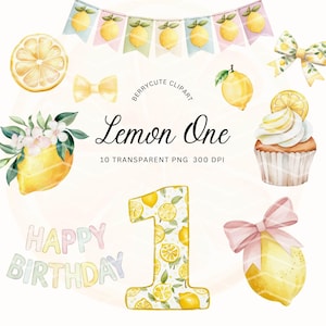 Könnte beinhalten: Aquarell-Clipart-Set mit Zitronen, einem Cupcake, einer Schleife, einem Banner und den Worten "Lemon One" und "Happy Birthday". Die Zahl eins ist mit einem Zitronenmuster verziert.