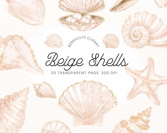 Paquete de imágenes prediseñadas de conchas marinas bohemias, conchas de sirena beige iridiscentes PNG, imágenes prediseñadas de conchas marinas de acuarela, conchas marinas brillantes PNG, imágenes prediseñadas bajo el mar