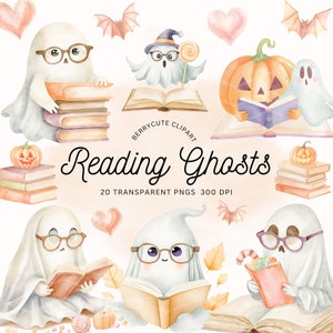 Op de afbeelding: Een set van 20 aquarel illustraties van schattige geesten die boeken lezen. De geesten dragen brillen en hebben verschillende gezichtsuitdrukkingen. De illustraties zijn perfect voor Halloween- of herfstthemaprojecten.