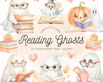 Lese Geist Clipart Pack, Geist Lesebücher PNG, Bücherwurm Geist Clipart, Halloween Clipart, niedlicher Geist, Kürbis Clipart, gruselige Clipart