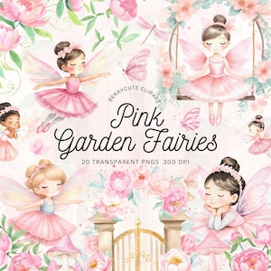 Pink Fairy Garden Clipart, Watercolor Fairy Clipart, Pink Fairy PNG, Fairy Garden, Mushroom Clipart, Butterfly Clipart, Fairy Swing, Nursery