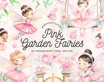 Clipart de Jardim de Fadas Rosa, Clipart de Fada em Aquarela, Fada Rosa PNG, Jardim de Fadas, Clipart de Cogumelo, Clipart de Borboleta, Balanço de Fada, Quarto de Bebê
