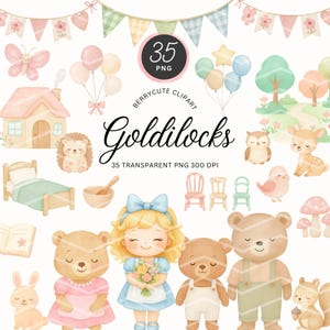 Goldilocks Clipart Set, Fairy Tale Clipart, Goldilocks and Friends Art, Three Bear Family Clipart, Enchanted Forest Png, Nursery Clipart