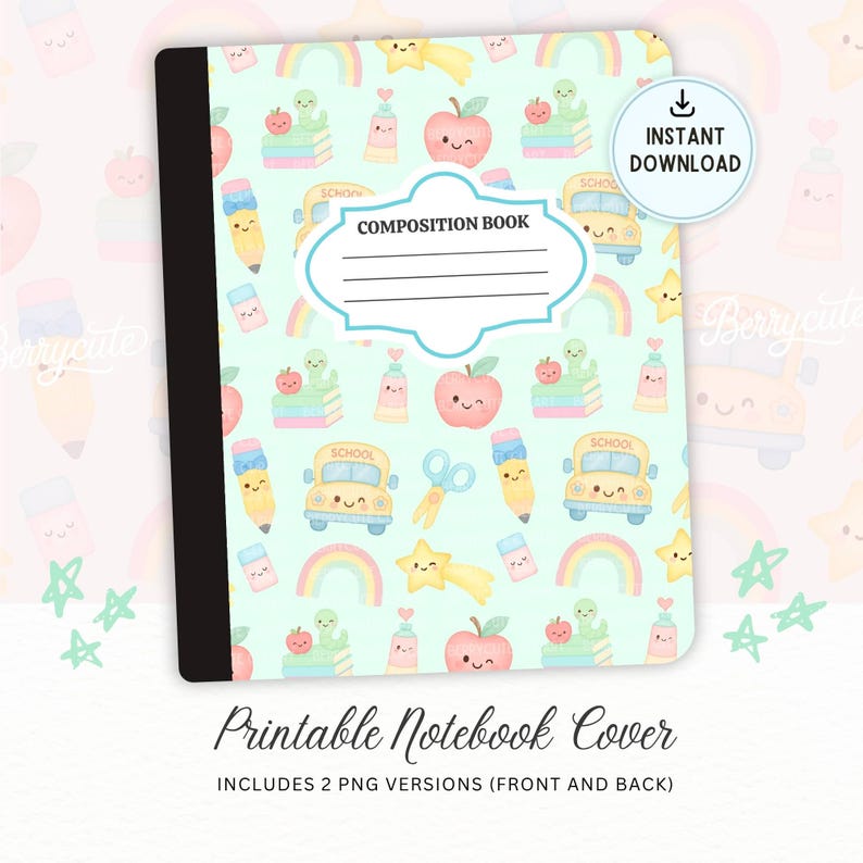 Printable Composition Notebook Cover PNG, Kawaii School, Back to School ...