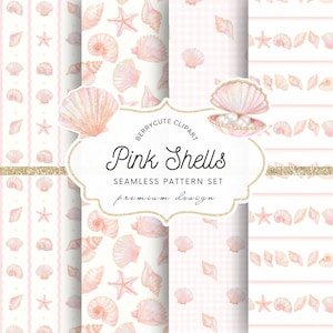 May include: A set of pink seashell patterns featuring various shells, starfish, and pearl-filled clamshells on a white backdrop. The text "Pink Shells" and "Seamless Pattern Set" are also visible in the image.