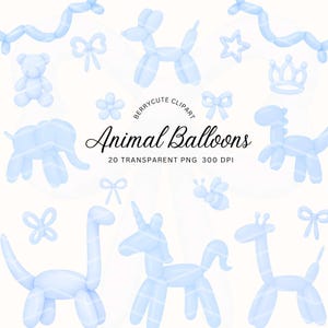 Animal Balloon Clipart Set, Blue Dog, Dino, Elephant, Giraffe, Number Balloons, Cute Balloons, Party Graphics, Kids Birthday Clipart