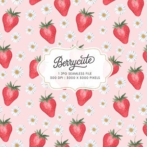 Strawberry Daisy Seamless Pattern, Strawberry Digital Paper, Pastel Strawberry Pattern, Daisy Pattern, Summer Seamless, Commercial Use