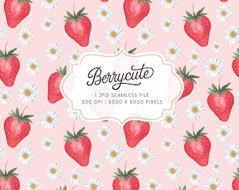 Strawberry Daisy Seamless Pattern, Strawberry Digital Paper, Pastel Strawberry Pattern, Daisy Pattern, Summer Seamless, Commercial Use