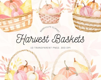 Autumn Harvest Basket Clipart Pack, Harvest Clipart, Pumpkin Clipart, Autumn Clipart, Fall Clipart, Pumpkin Basket Watercolor Clipart