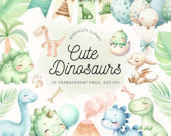 Cute Watercolor Dinosaur Clipart Pack, Cute Dino Clipart, Dinosaur Party, Baby Dinosaur Clipart, Nursery Clipart, Boy Birthday Clipart