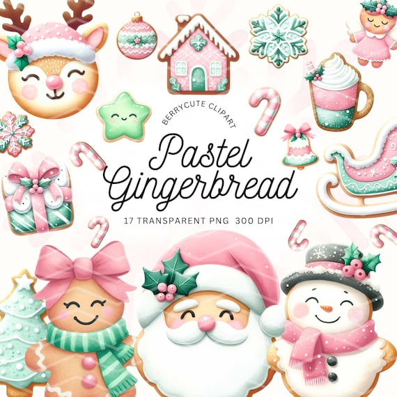 Pastel Gingerbread Clipart Pack, Pastel Christmas Clipart, Christmas Cookie Clipart, Gingerbread House Clipart, Cute Christmas Clipart