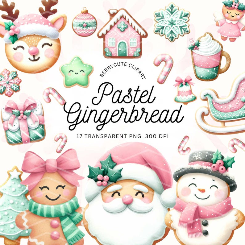 Pastel Gingerbread Clipart Pack, Pastel Christmas Clipart, Christmas Cookie Clipart, Gingerbread House Clipart, Cute Christmas Clipart