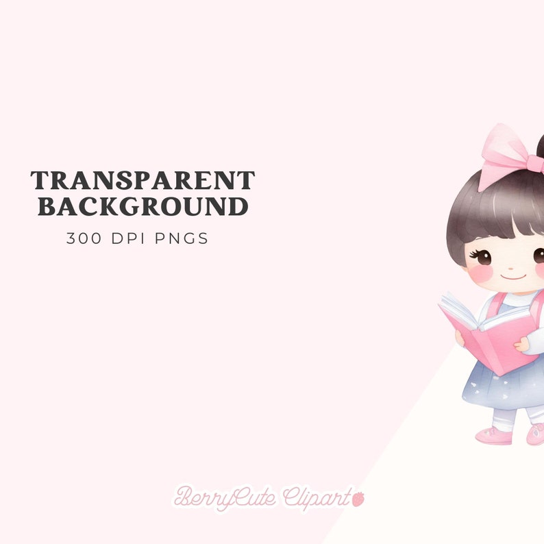 May include: A watercolor illustration of a girl with brown hair and a pink bow reading a pink book. The background is a light pink color.