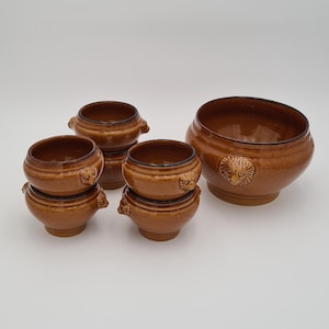 Soupière en faïence avec 6 bols – service de table rustique marron