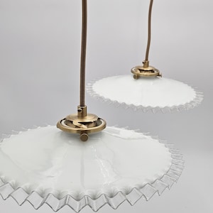Vintage opaline milk glass pendant lights | Ribbed Transparent Rim | New Brass Socket | Set of 2