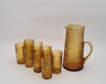 Vintage amber glass pitcher with 8 glasses – hobnail pressed glass – retro 60s/70s – mid-century drinks set