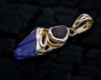 Raw Tanzanite crystal with Chelyabinsk Meteorite, pendant