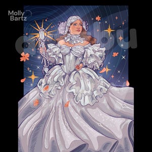 Op de afbeelding: Digitale illustratie van een vrouw in een witte jurk die een staf met een kristal vasthoudt. Het kunstwerk heeft een hemelse achtergrond met sterren en bloemmotieven. De naam van de kunstenaar, "Molly Bartz", is linksboven zichtbaar.