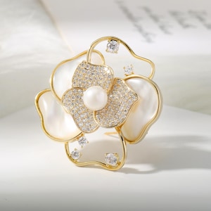 Luxury Handmade Shell & Pearl Brooch - 24k Gold Plated Brass, Precision Inlaid With Zircon, Anti-Slip Camellia Design-Elegant Suit Accessory