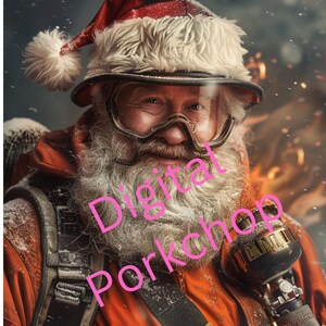 Digitale download brandweerman verkleed als kerstman png