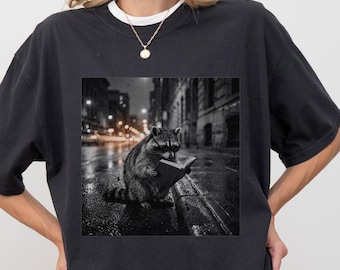 Comfort Colors® Retro Raccoon Reading a Book Shirt, Funny Animal Meme Tee, Book Lover Shirt, Unisex Graphic T Shirt, Distressed tee