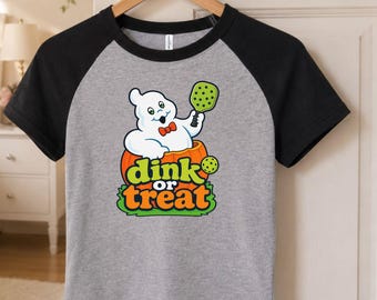 Dink or Treat Ghost tshirt: Funny Pickleball shirts, 80s/90s vintage Halloween vibes, Retro Halloween