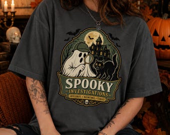 Spooky Investigations Ghost & Black Cat tshirt: Ghost Hunting tshirt for Halloween