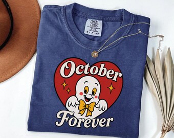 Comfort Colors® October Forever Ghost T-shirt | Cute Retro Ghost shirt, 90s Halloween shirt, Unique Halloween